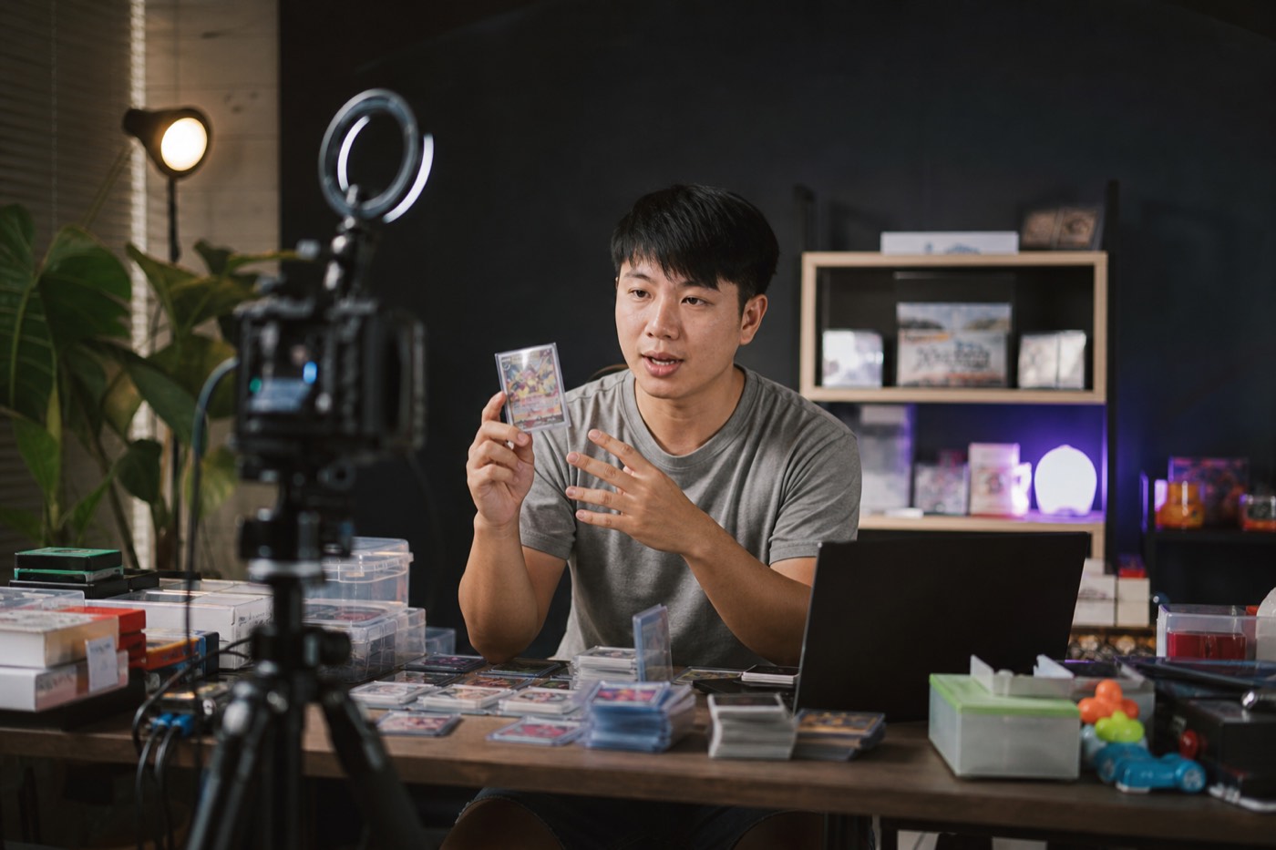 A seller sharing trading cards on camera